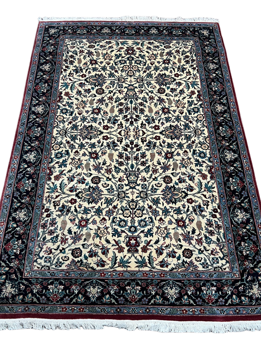 Ivory &amp; Navy Floral Tabriz Style Rug – 4’1” x 6’2”