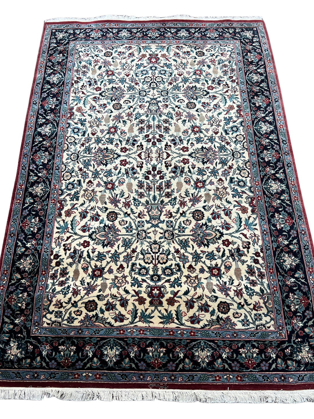 Ivory &amp; Navy Floral Tabriz Style Rug – 4’1” x 6’2”