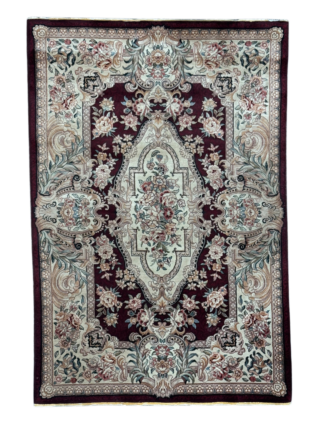 Burgundy &amp; Ivory Floral Chinese Piled Aubusson Style Rug – 4’1” x 6’1”
