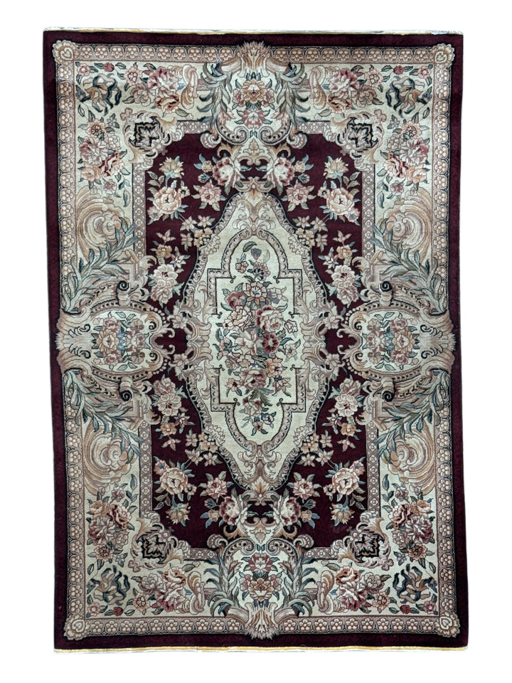 Burgundy &amp; Ivory Floral Chinese Piled Aubusson Style Rug – 4’1” x 6’1”