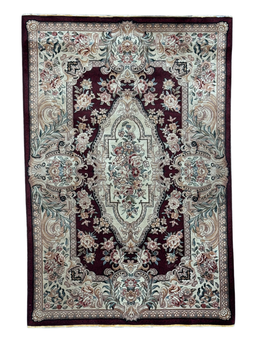 Burgundy & Ivory Floral Chinese Piled Aubusson Style Rug – 4’1” x 6’1”