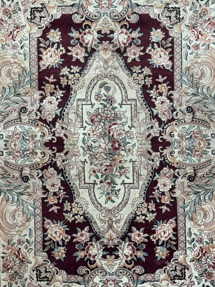 Burgundy &amp; Ivory Floral Chinese Piled Aubusson Style Rug – 4’1” x 6’1”
