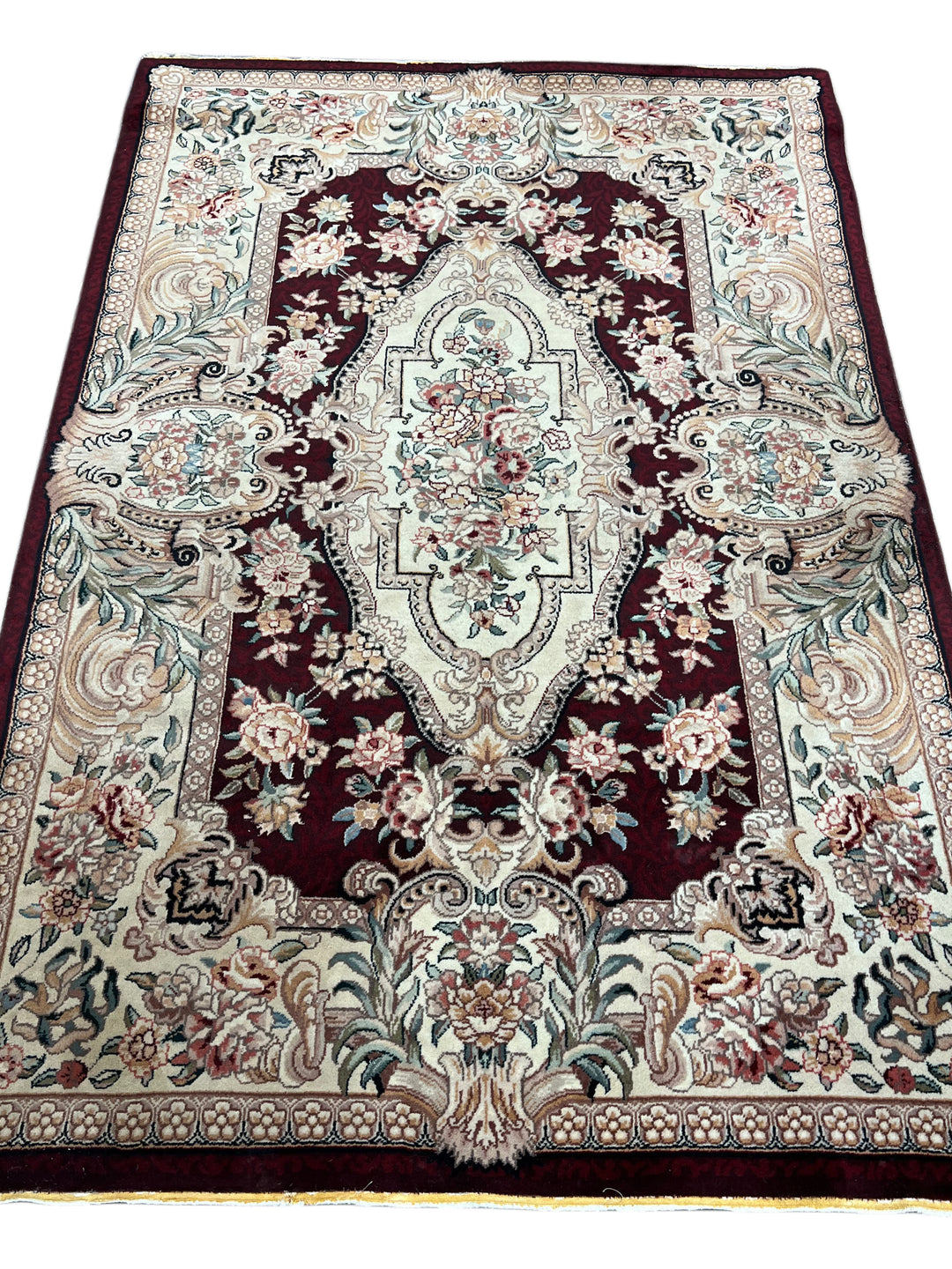 Burgundy &amp; Ivory Floral Chinese Piled Aubusson Style Rug – 4’1” x 6’1”