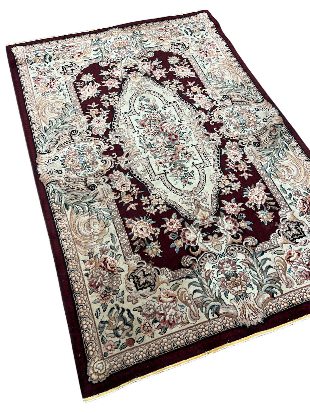 Burgundy &amp; Ivory Floral Chinese Piled Aubusson Style Rug – 4’1” x 6’1”