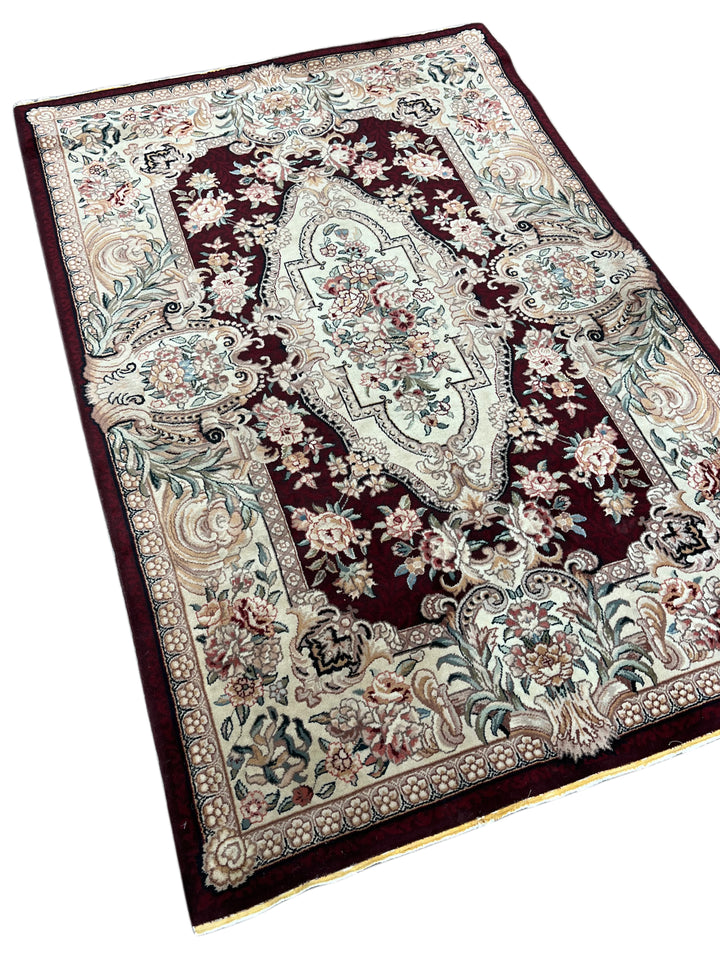 Burgundy &amp; Ivory Floral Chinese Piled Aubusson Style Rug – 4’1” x 6’1”