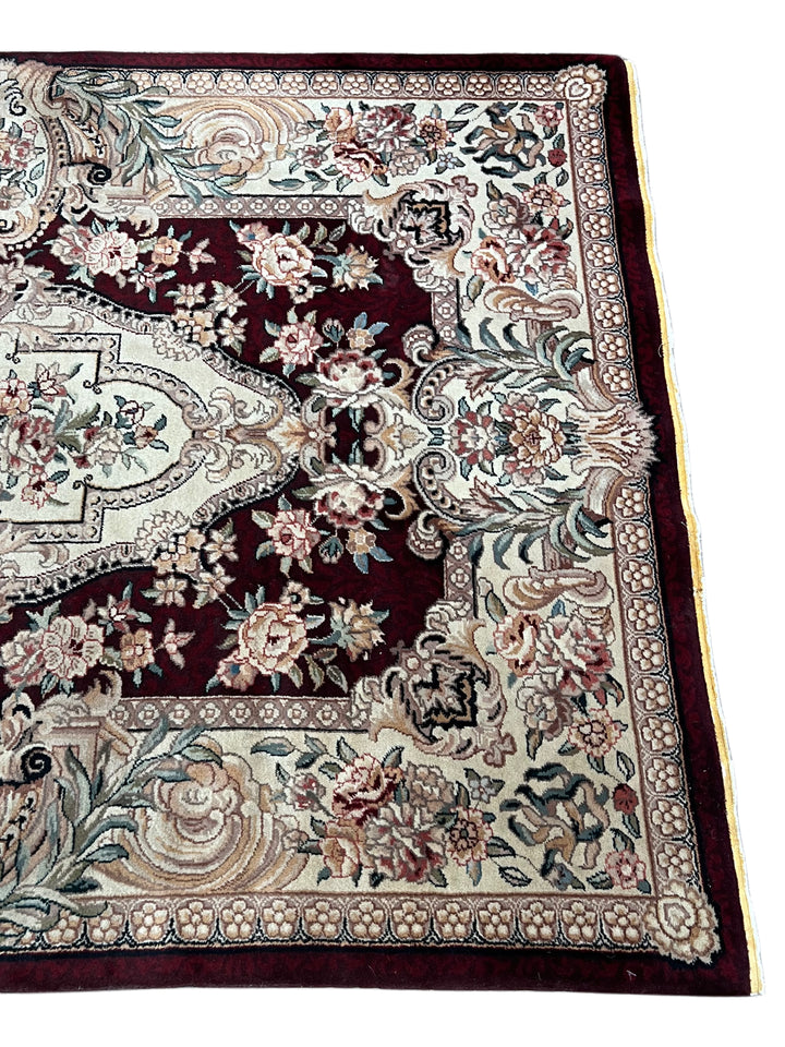 Burgundy &amp; Ivory Floral Chinese Piled Aubusson Style Rug – 4’1” x 6’1”