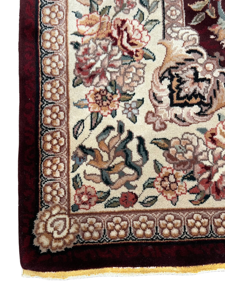 Burgundy &amp; Ivory Floral Chinese Piled Aubusson Style Rug – 4’1” x 6’1”