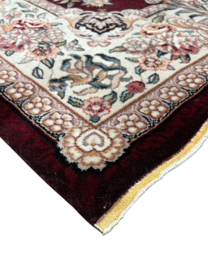 Burgundy &amp; Ivory Floral Chinese Piled Aubusson Style Rug – 4’1” x 6’1”