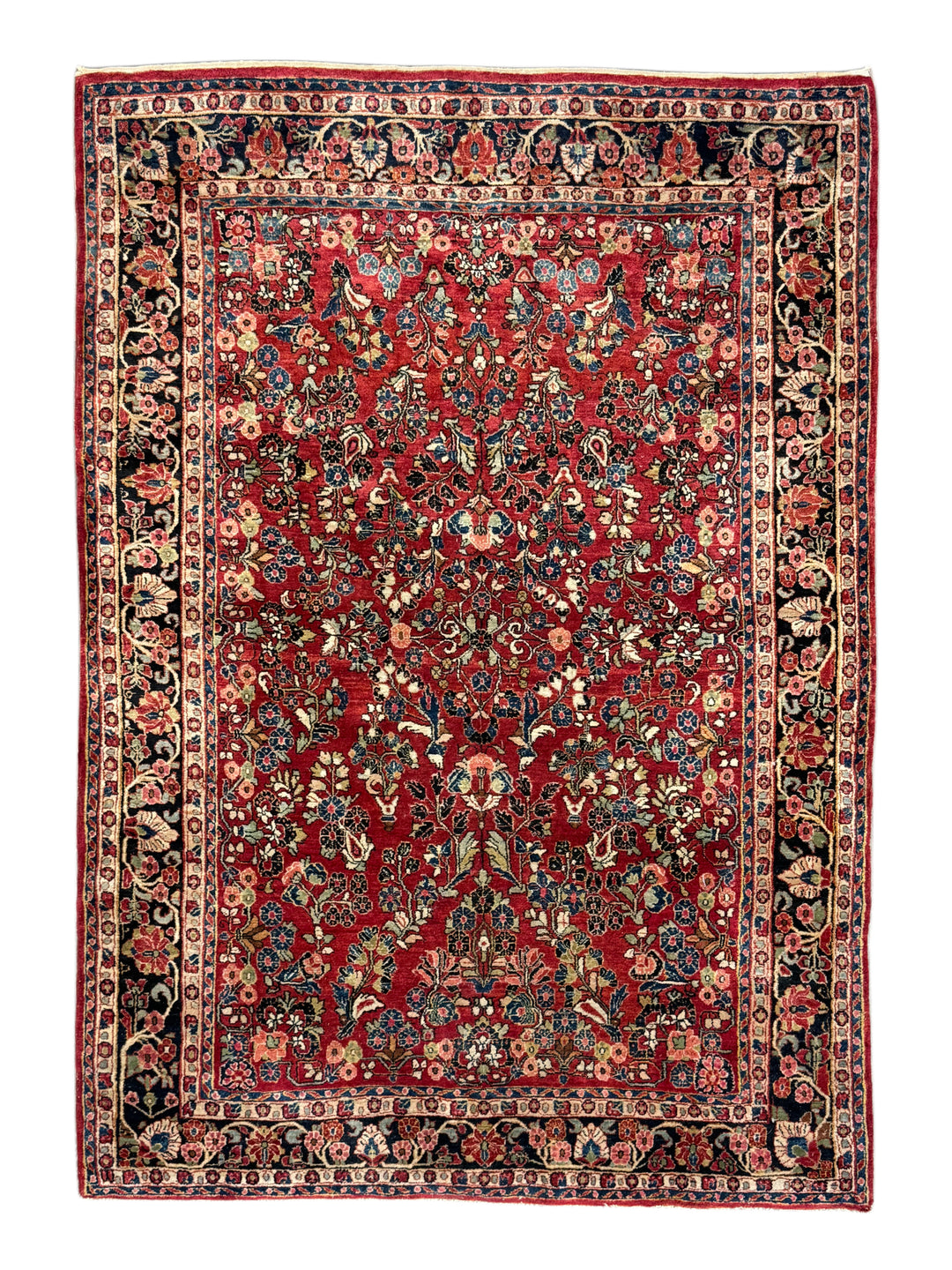 Red &amp; Navy Floral Sarouk Style Rug – 6’5” x 9’0”