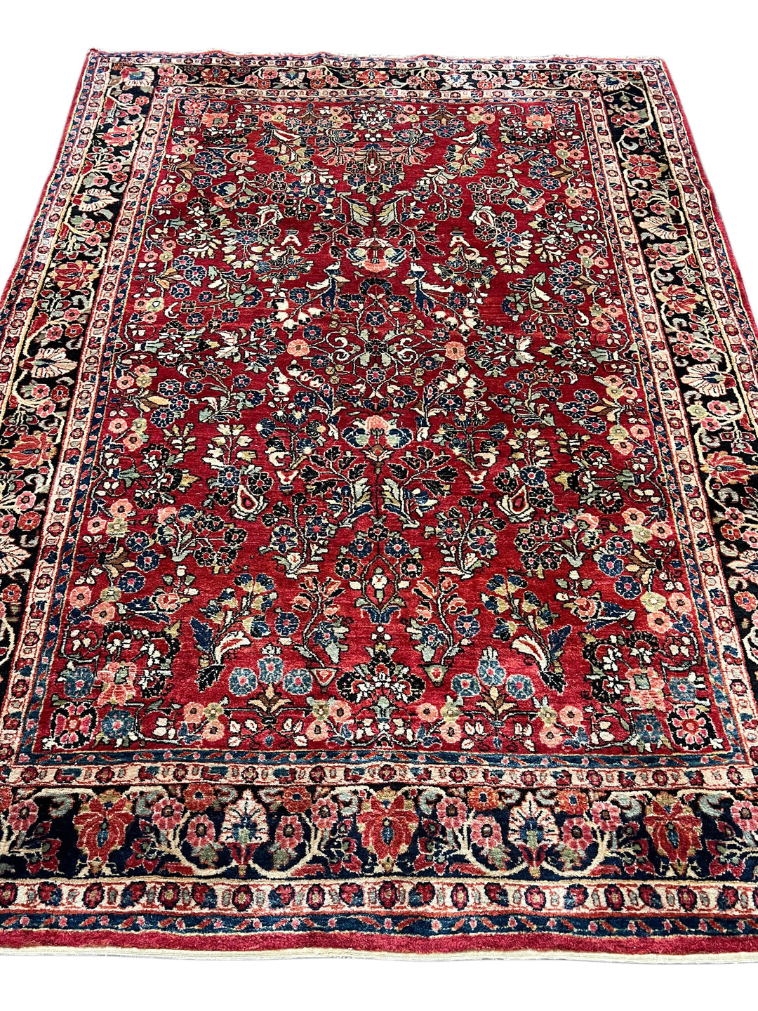 Red &amp; Navy Floral Sarouk Style Rug – 6’5” x 9’0”