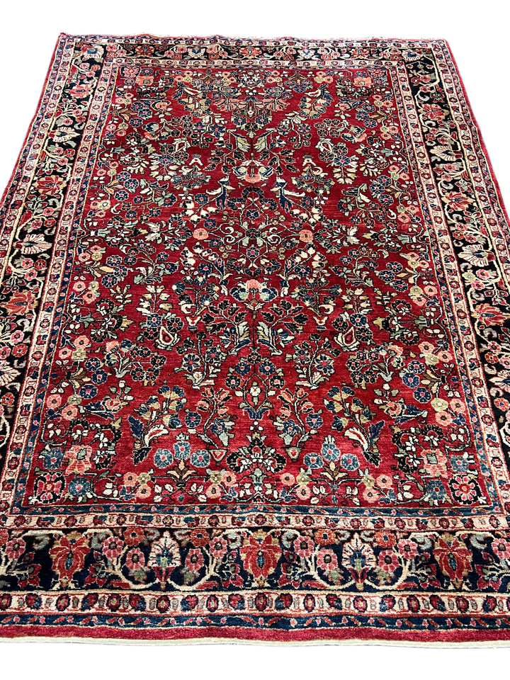 Red &amp; Navy Floral Sarouk Style Rug – 6’5” x 9’0”