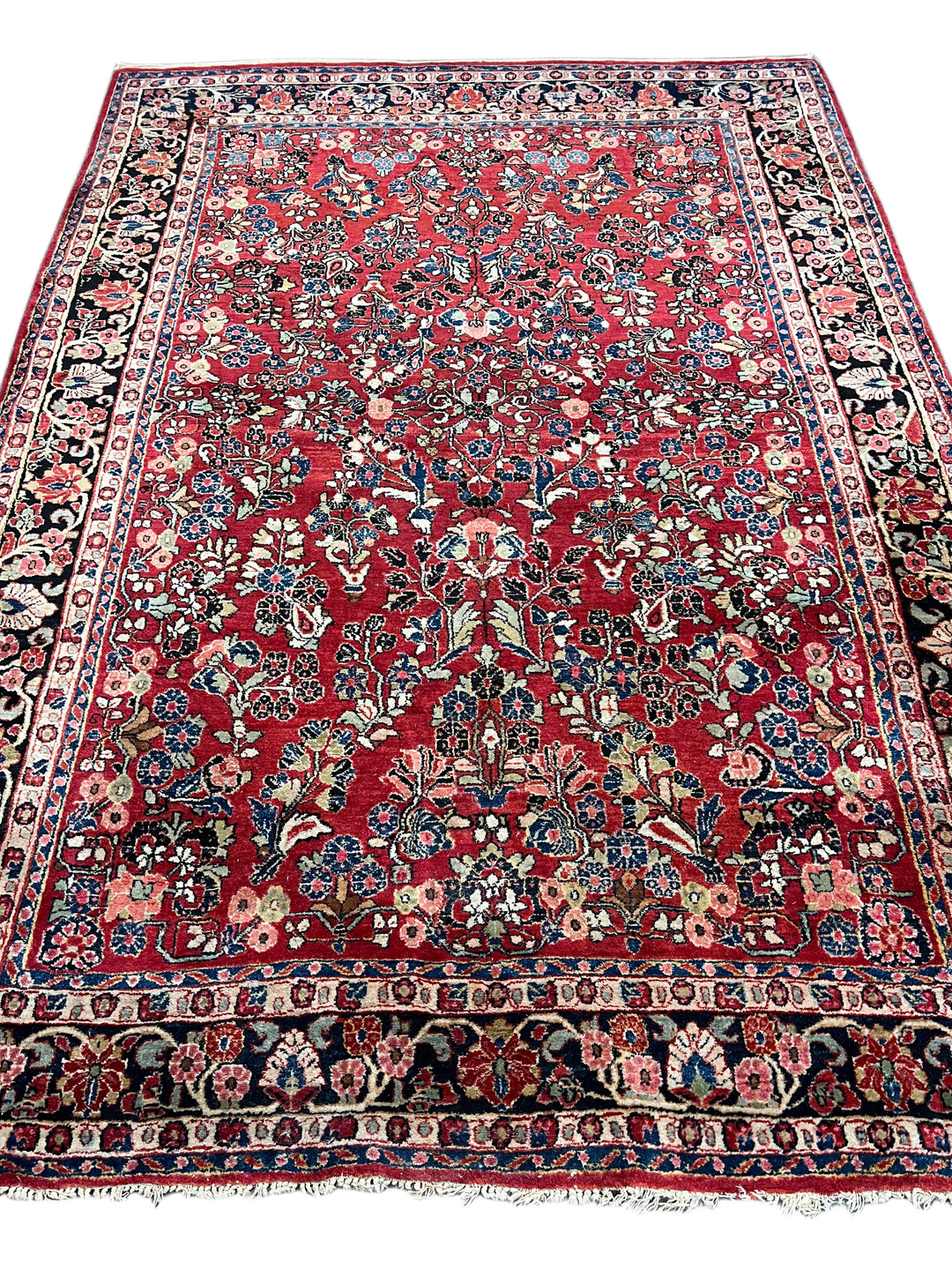 Red &amp; Navy Floral Sarouk Style Rug – 6’5” x 9’0”