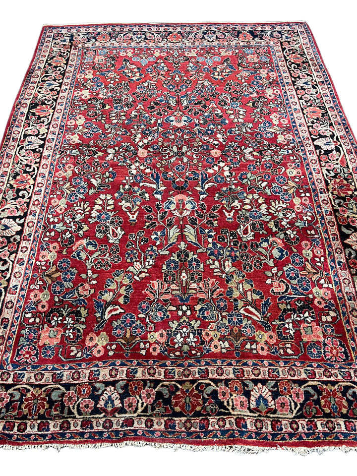 Red &amp; Navy Floral Sarouk Style Rug – 6’5” x 9’0”
