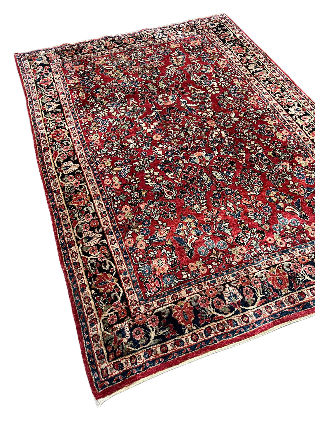 Red &amp; Navy Floral Sarouk Style Rug – 6’5” x 9’0”