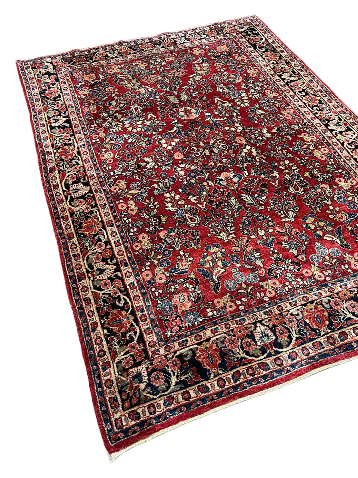 Red &amp; Navy Floral Sarouk Style Rug – 6’5” x 9’0”