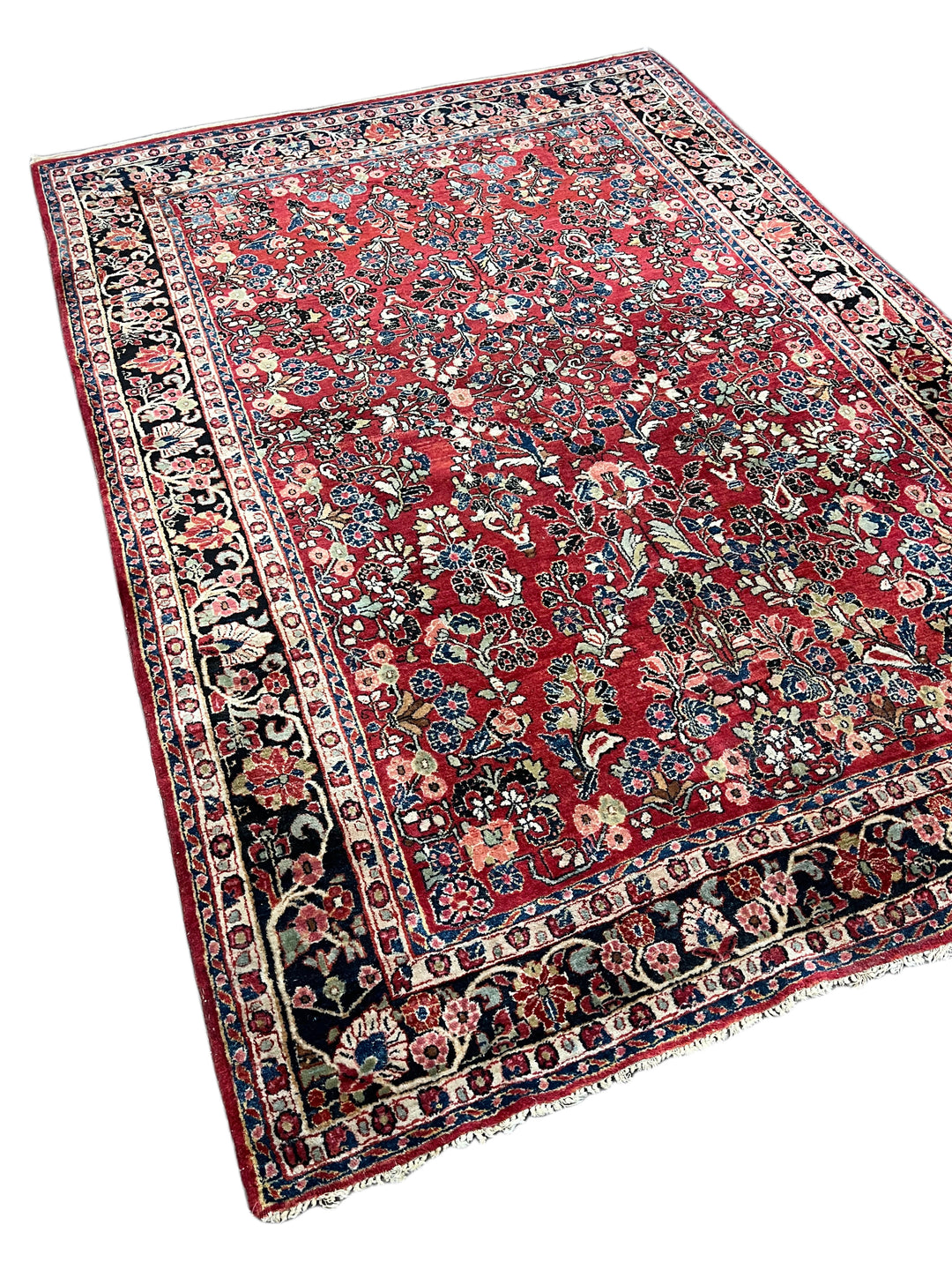 Red &amp; Navy Floral Sarouk Style Rug – 6’5” x 9’0”