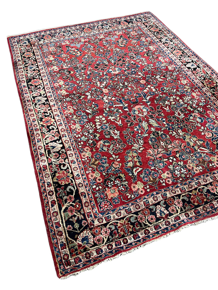 Red &amp; Navy Floral Sarouk Style Rug – 6’5” x 9’0”