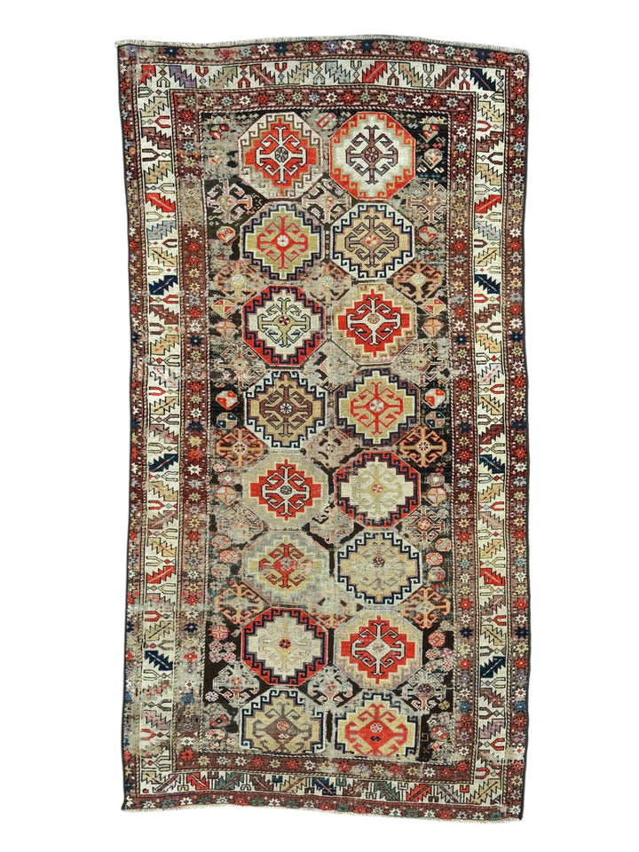 Antique Red &amp; Ivory Geometric Hamadan Style Rug, Circa 1850 – 4’3” x 8’1”