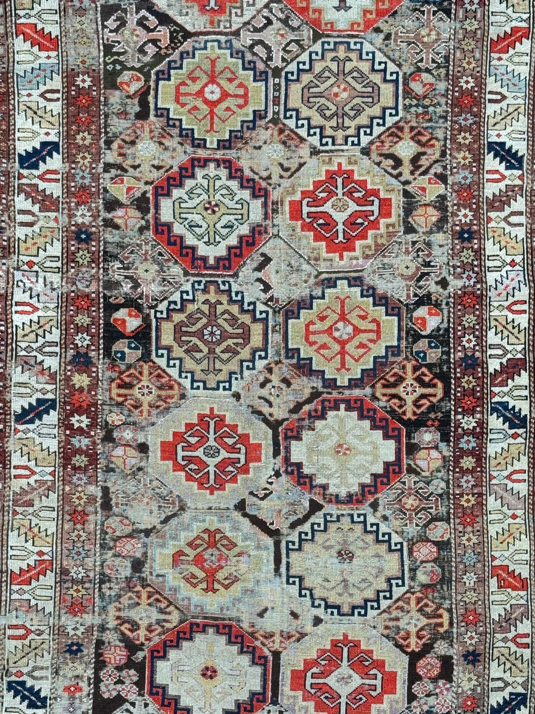 Antique Red &amp; Ivory Geometric Hamadan Style Rug, Circa 1850 – 4’3” x 8’1”