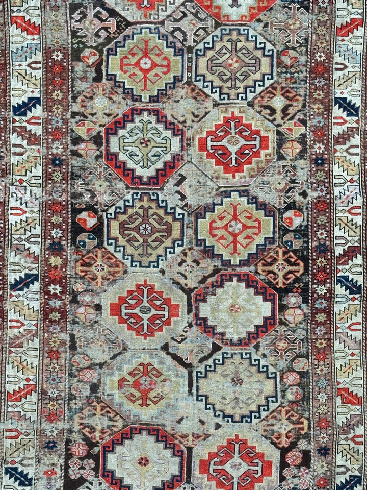 Antique Red &amp; Ivory Geometric Hamadan Style Rug, Circa 1850 – 4’3” x 8’1”
