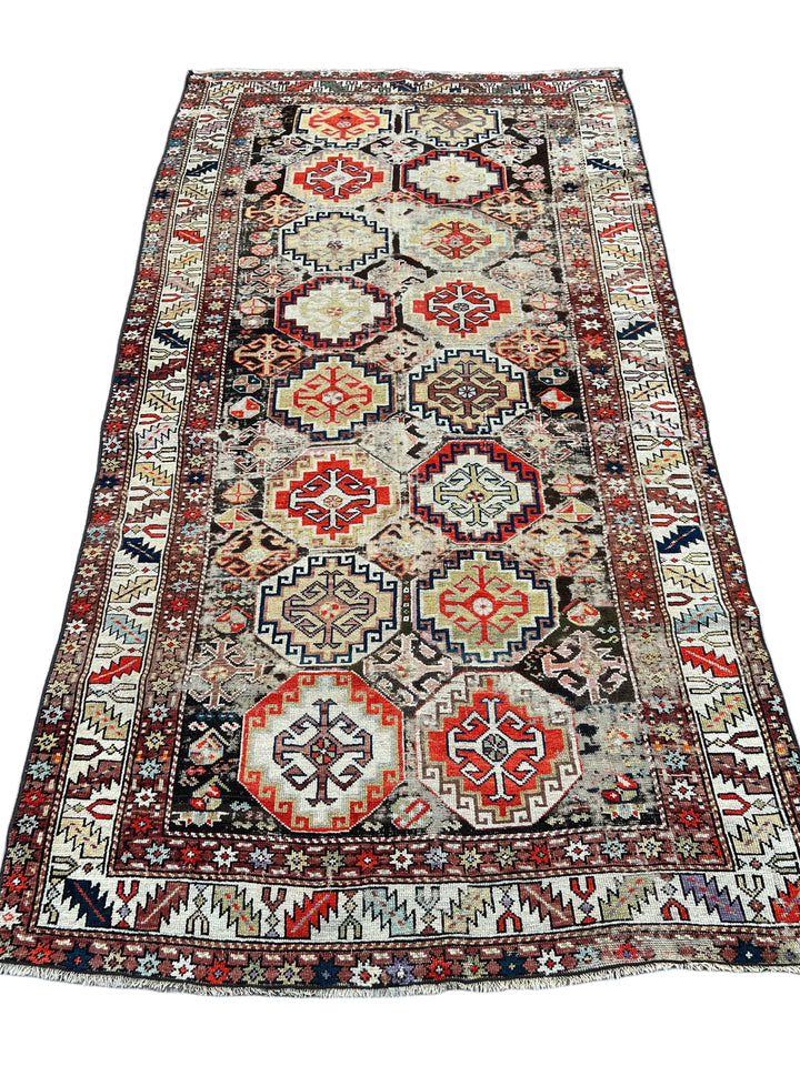 Antique Red &amp; Ivory Geometric Hamadan Style Rug, Circa 1850 – 4’3” x 8’1”