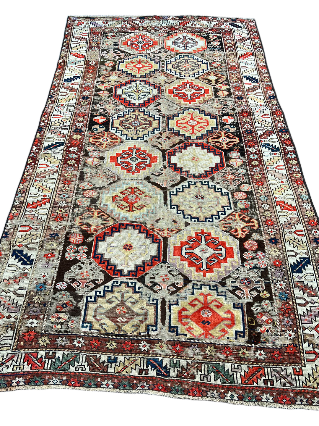 Antique Red &amp; Ivory Geometric Hamadan Style Rug, Circa 1850 – 4’3” x 8’1”