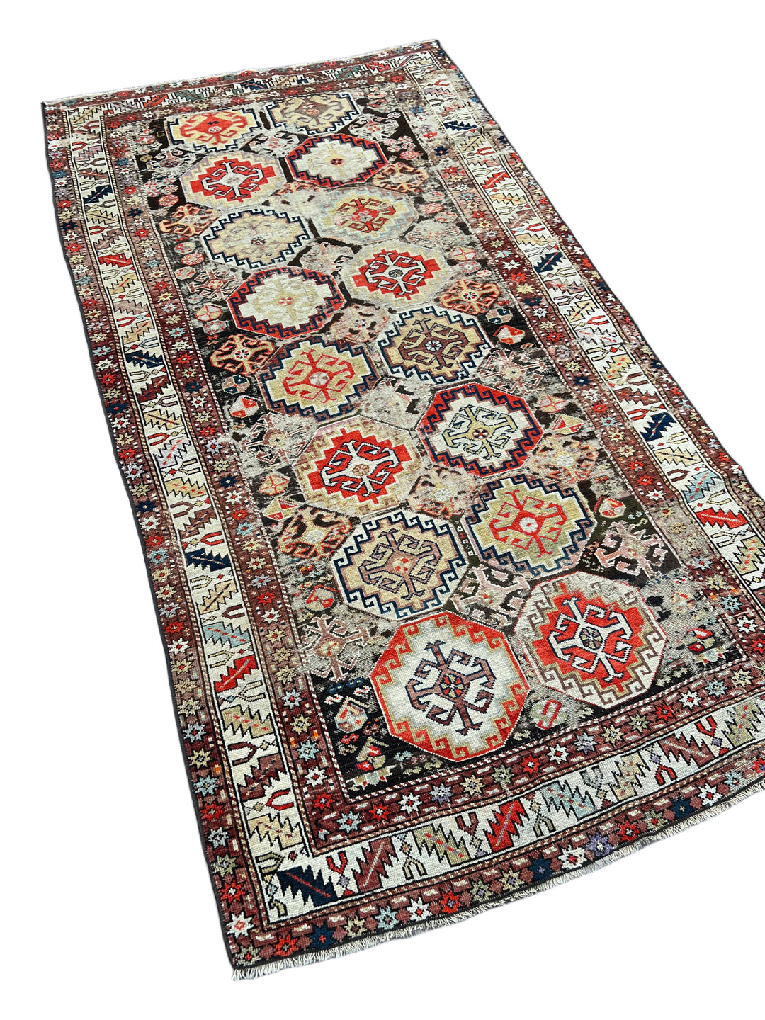 Antique Red &amp; Ivory Geometric Hamadan Style Rug, Circa 1850 – 4’3” x 8’1”