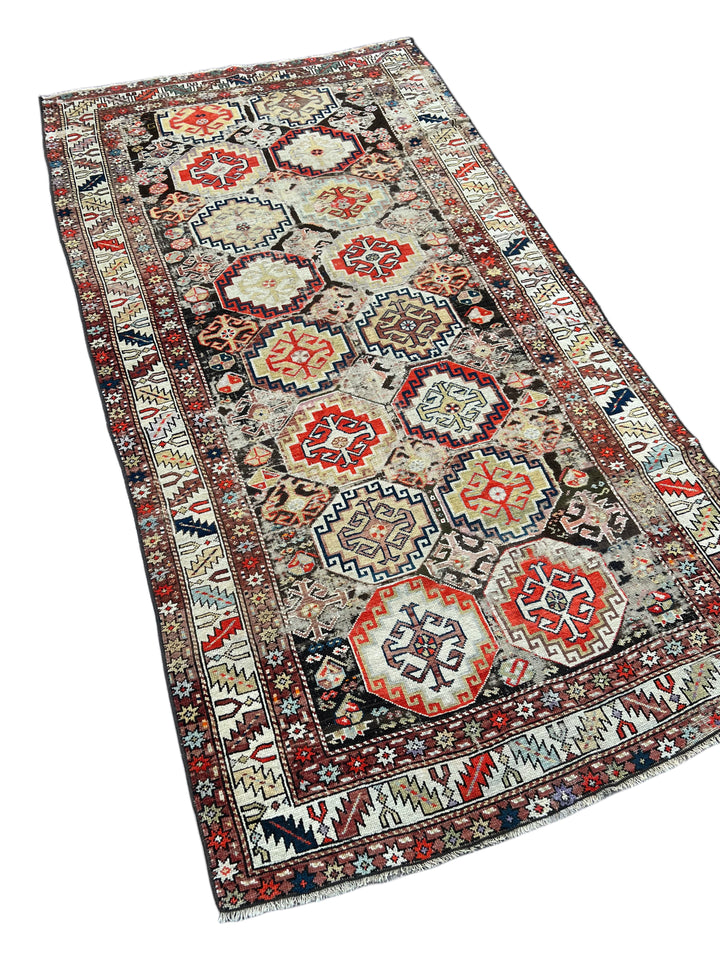 Antique Red &amp; Ivory Geometric Hamadan Style Rug, Circa 1850 – 4’3” x 8’1”
