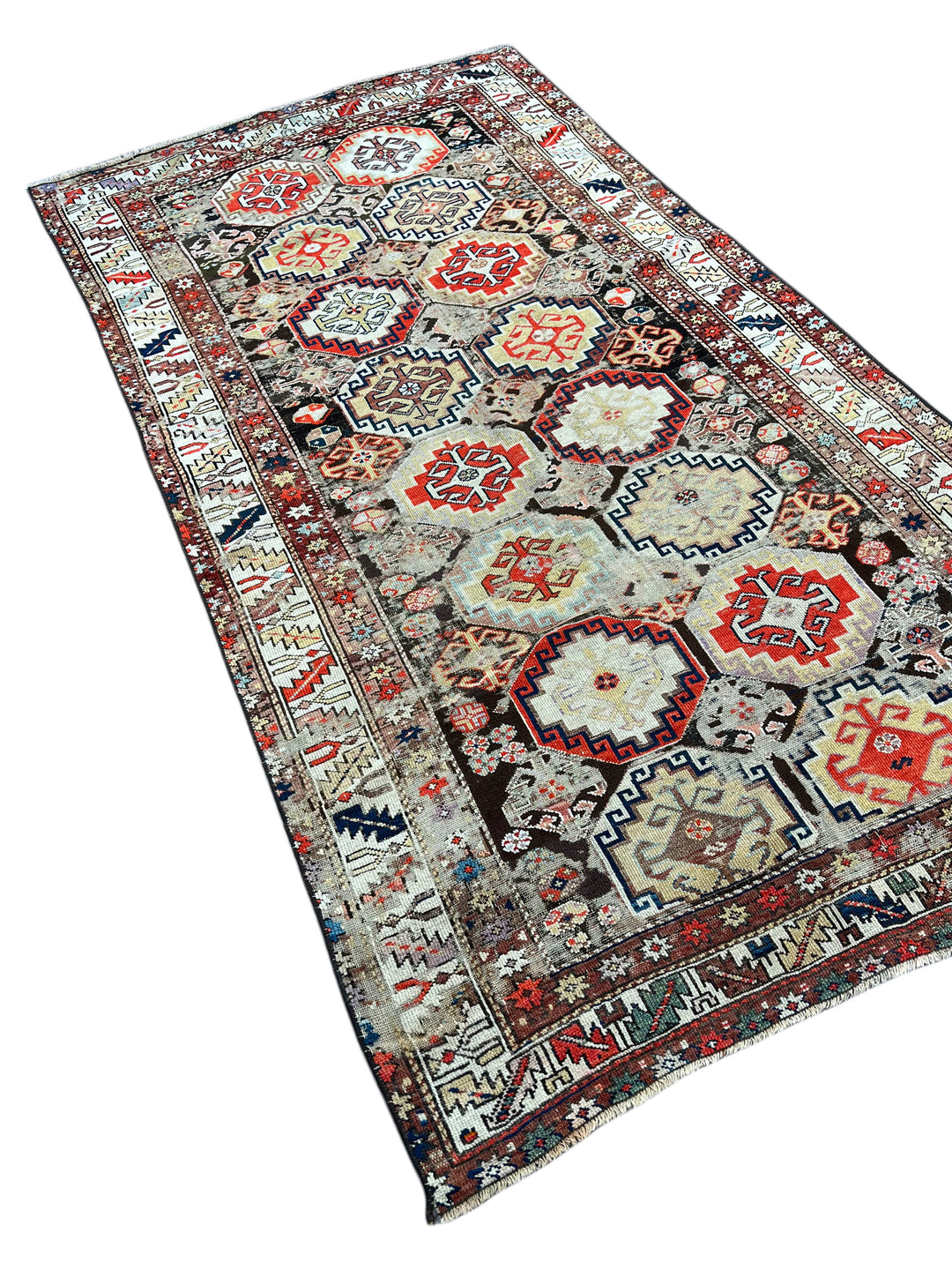Antique Red &amp; Ivory Geometric Hamadan Style Rug, Circa 1850 – 4’3” x 8’1”