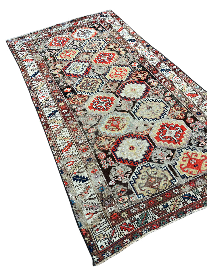 Antique Red &amp; Ivory Geometric Hamadan Style Rug, Circa 1850 – 4’3” x 8’1”