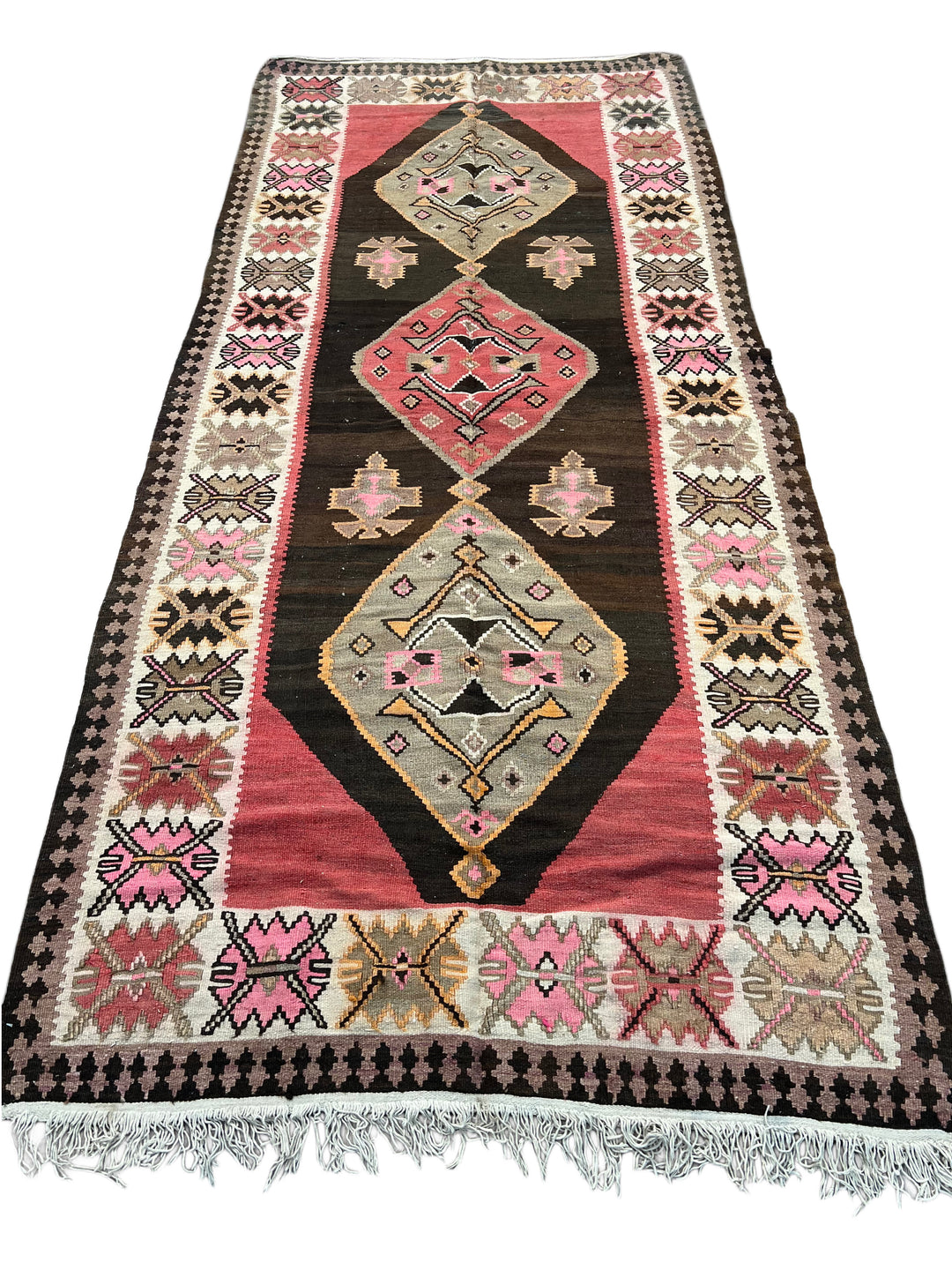 Black, Rose &amp; Ivory Geometric Kilim Style Rug – 4’8” x 11’0”