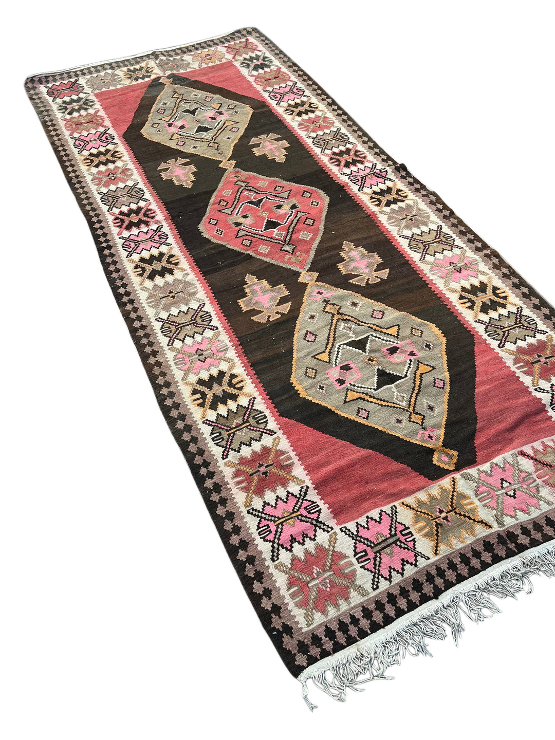 Black, Rose &amp; Ivory Geometric Kilim Style Rug – 4’8” x 11’0”
