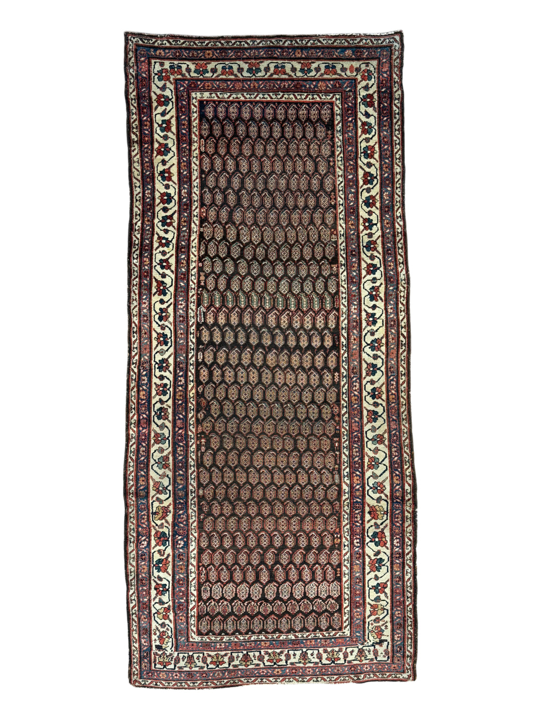 Deep Brown &amp; Ivory Geometric Hamadan Style Runner Rug, Circa 1900 – 4’6” x 9’11”