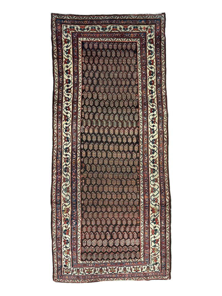 Deep Brown &amp; Ivory Geometric Hamadan Style Runner Rug, Circa 1900 – 4’6” x 9’11”