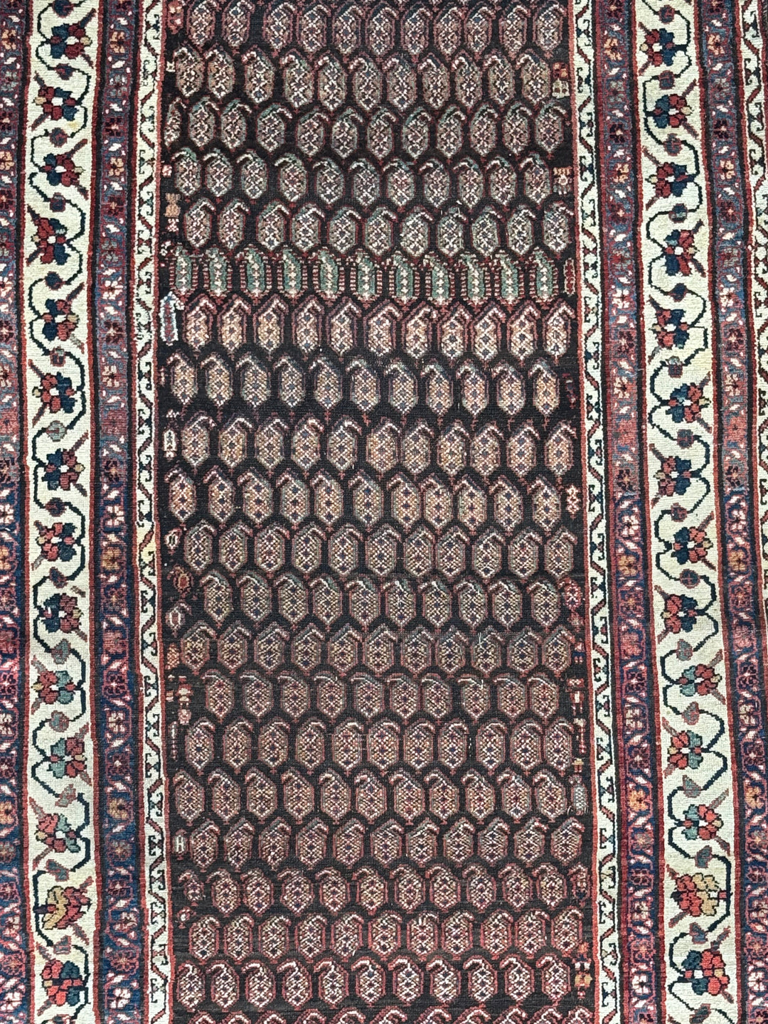 Deep Brown &amp; Ivory Geometric Hamadan Style Runner Rug, Circa 1900 – 4’6” x 9’11”