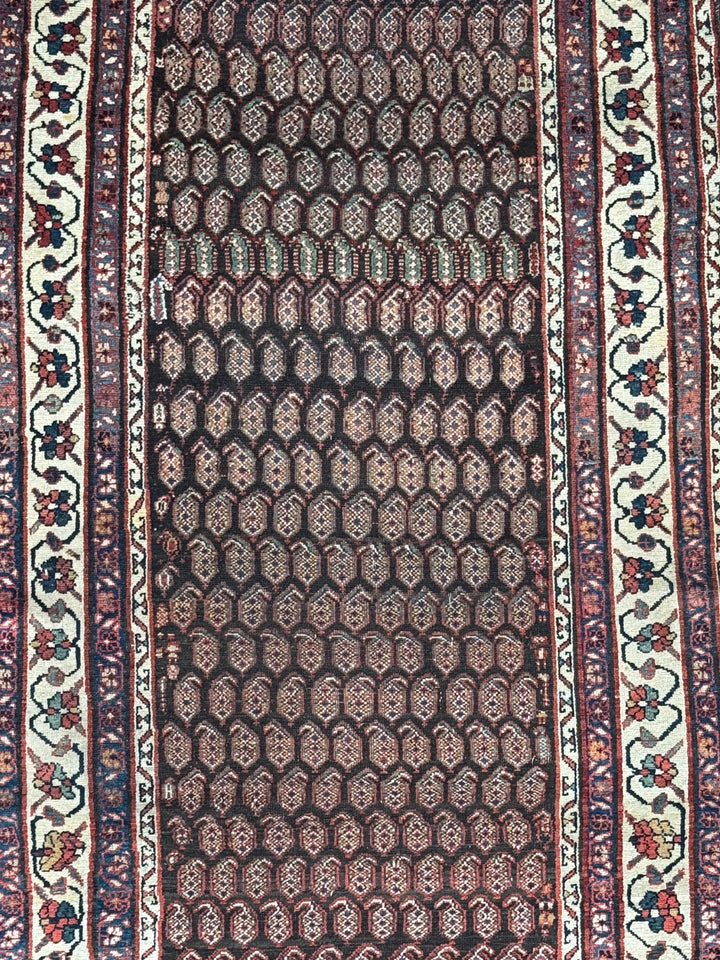 Deep Brown &amp; Ivory Geometric Hamadan Style Runner Rug, Circa 1900 – 4’6” x 9’11”