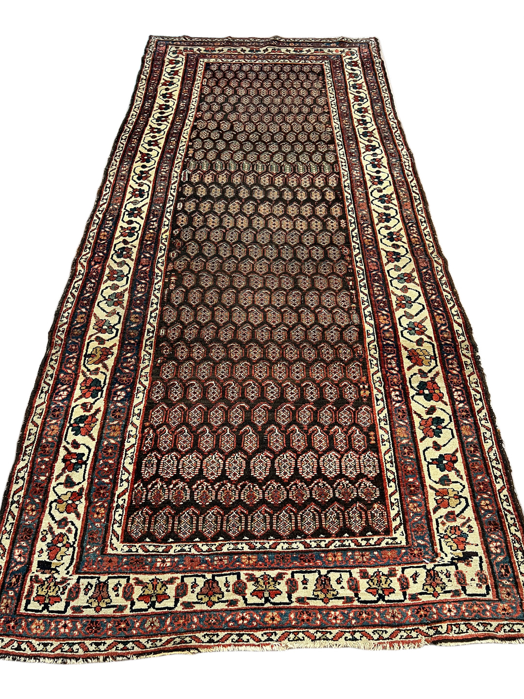 Deep Brown &amp; Ivory Geometric Hamadan Style Runner Rug, Circa 1900 – 4’6” x 9’11”