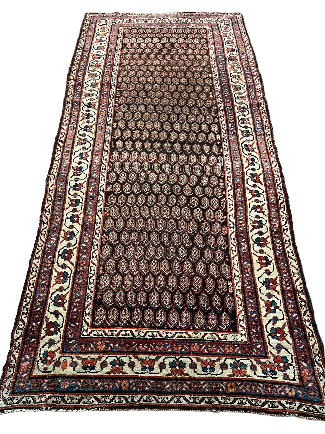 Deep Brown &amp; Ivory Geometric Hamadan Style Runner Rug, Circa 1900 – 4’6” x 9’11”