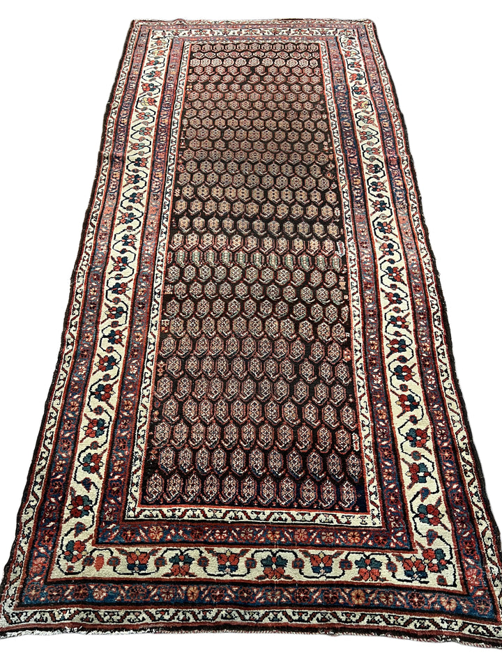 Deep Brown &amp; Ivory Geometric Hamadan Style Runner Rug, Circa 1900 – 4’6” x 9’11”