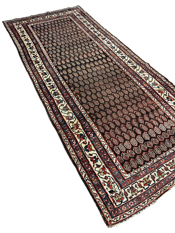 Deep Brown &amp; Ivory Geometric Hamadan Style Runner Rug, Circa 1900 – 4’6” x 9’11”