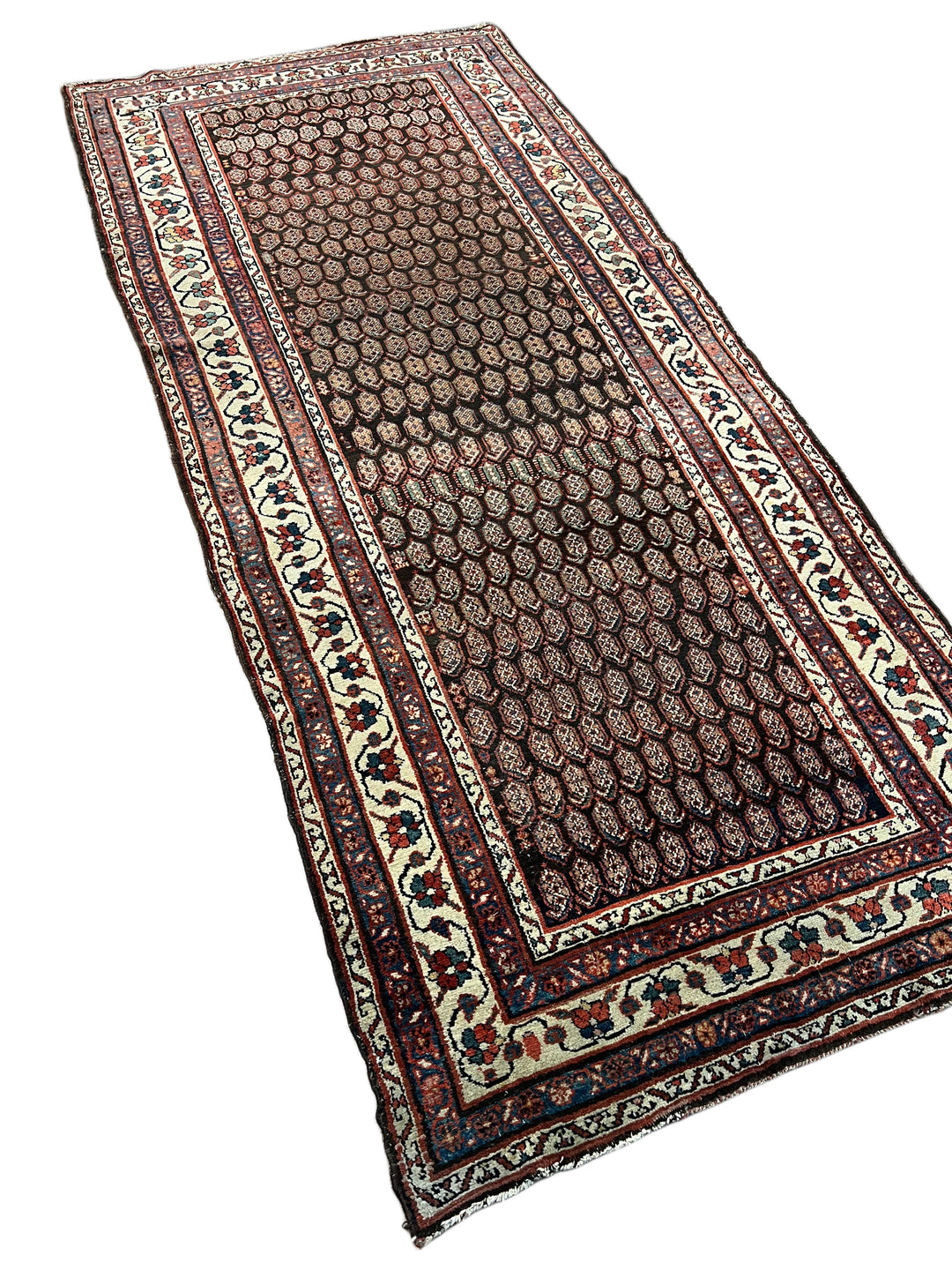 Deep Brown &amp; Ivory Geometric Hamadan Style Runner Rug, Circa 1900 – 4’6” x 9’11”