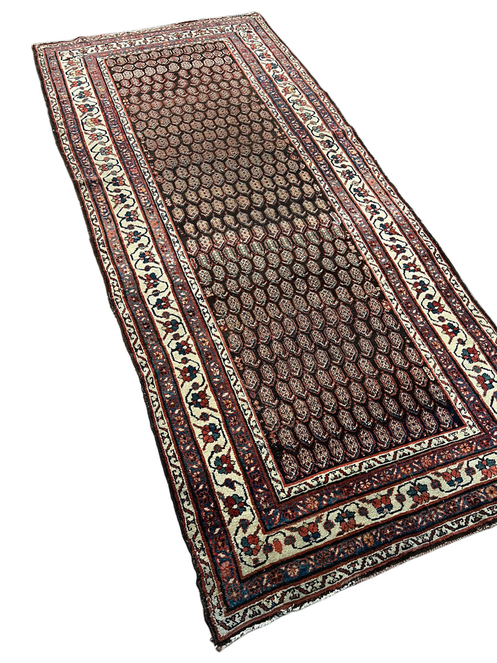 Deep Brown &amp; Ivory Geometric Hamadan Style Runner Rug, Circa 1900 – 4’6” x 9’11”