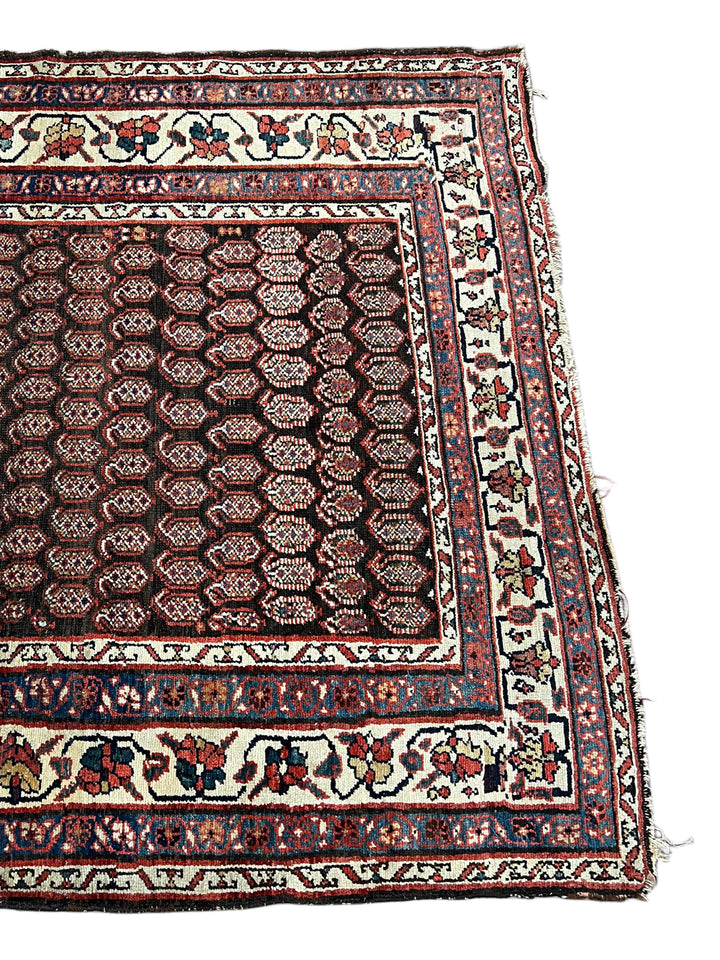 Deep Brown &amp; Ivory Geometric Hamadan Style Runner Rug, Circa 1900 – 4’6” x 9’11”