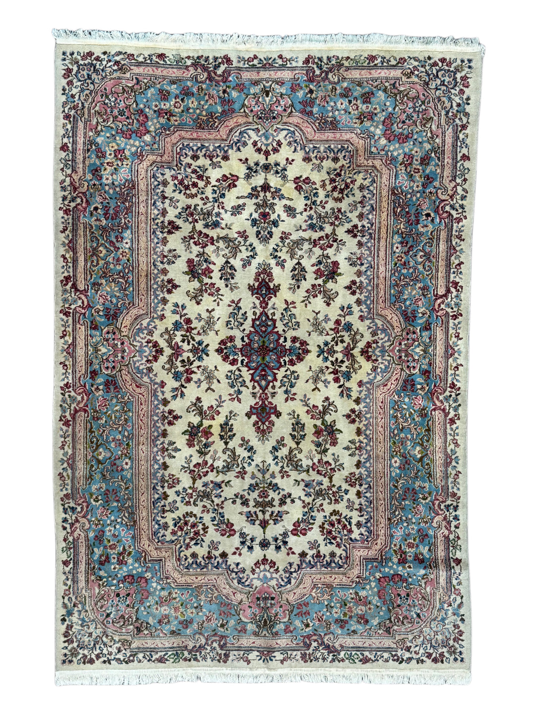Ivory, Light Blue &amp; Dusty Pink Floral Kerman Style Rug, Circa 1960 – 5’11” x 8’11”