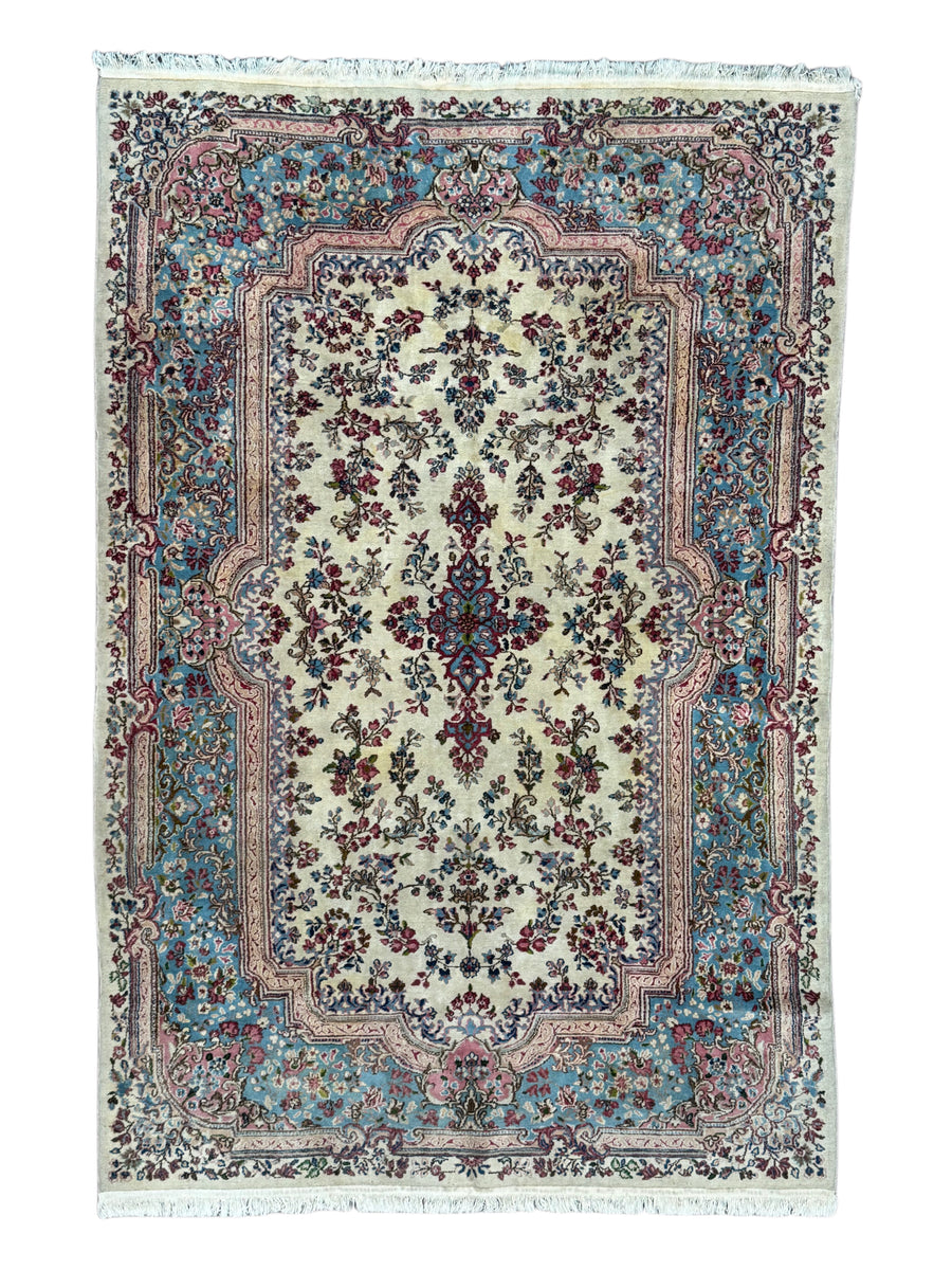 Ivory, Light Blue & Dusty Pink Floral Kerman Style Rug, Circa 1960 – 5’11” x 8’11”