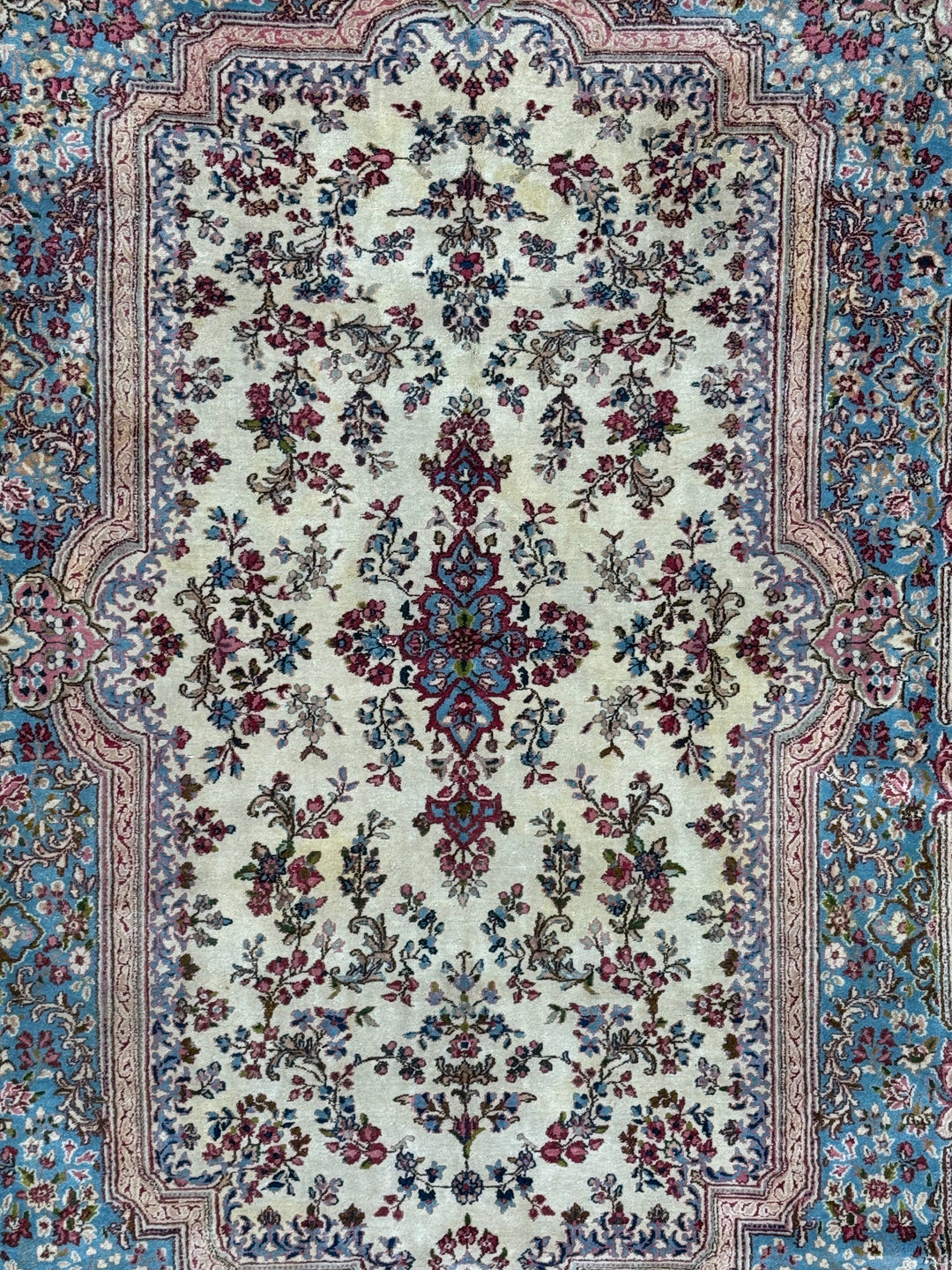 Ivory, Light Blue &amp; Dusty Pink Floral Kerman Style Rug, Circa 1960 – 5’11” x 8’11”