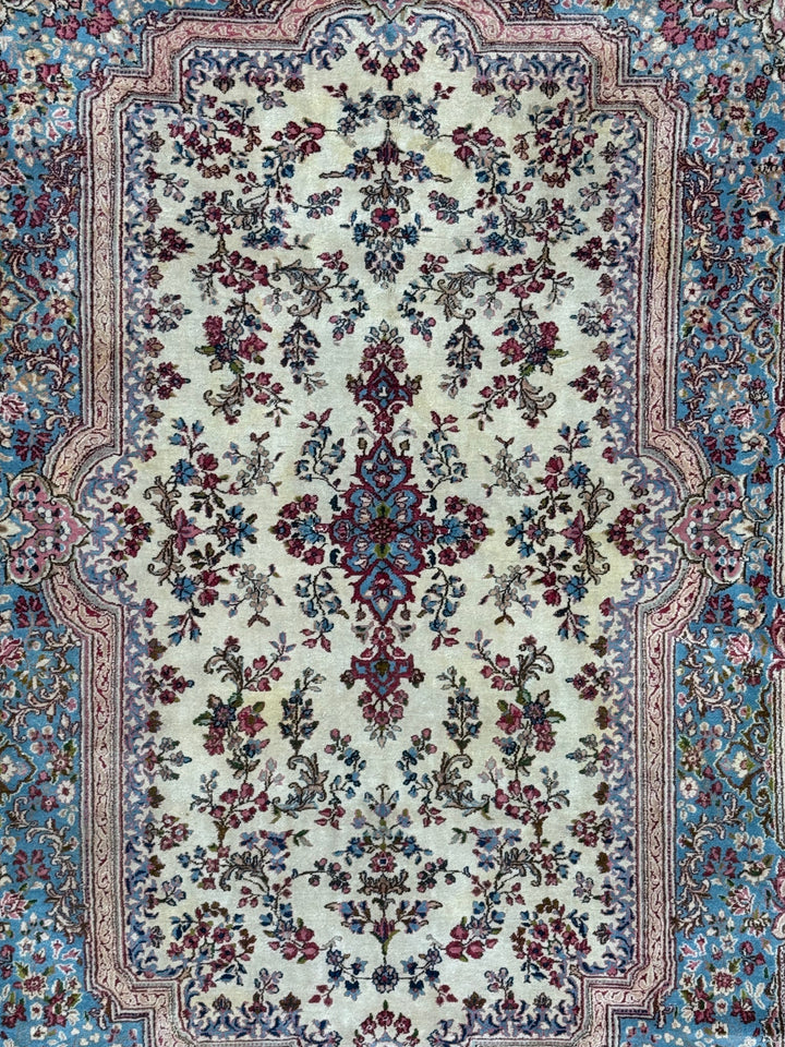 Ivory, Light Blue &amp; Dusty Pink Floral Kerman Style Rug, Circa 1960 – 5’11” x 8’11”