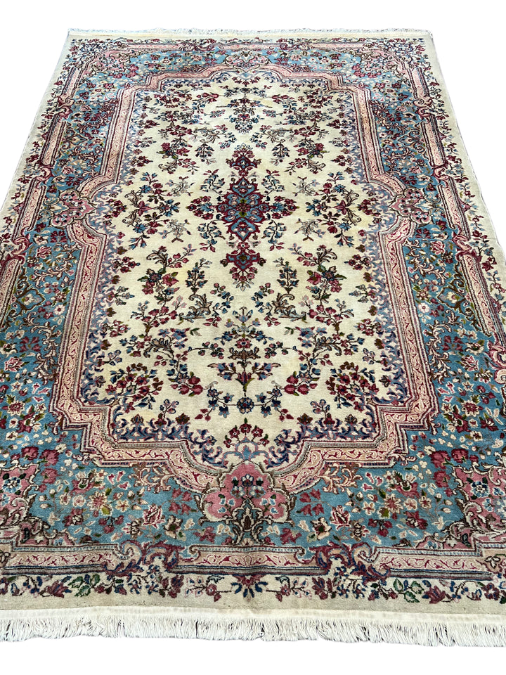 Ivory, Light Blue &amp; Dusty Pink Floral Kerman Style Rug, Circa 1960 – 5’11” x 8’11”