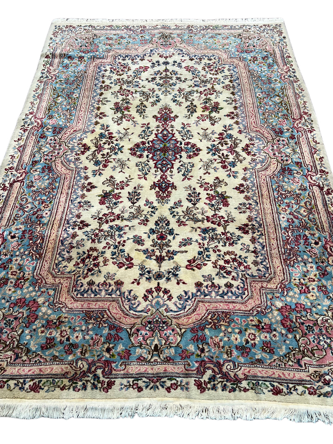 Ivory, Light Blue &amp; Dusty Pink Floral Kerman Style Rug, Circa 1960 – 5’11” x 8’11”