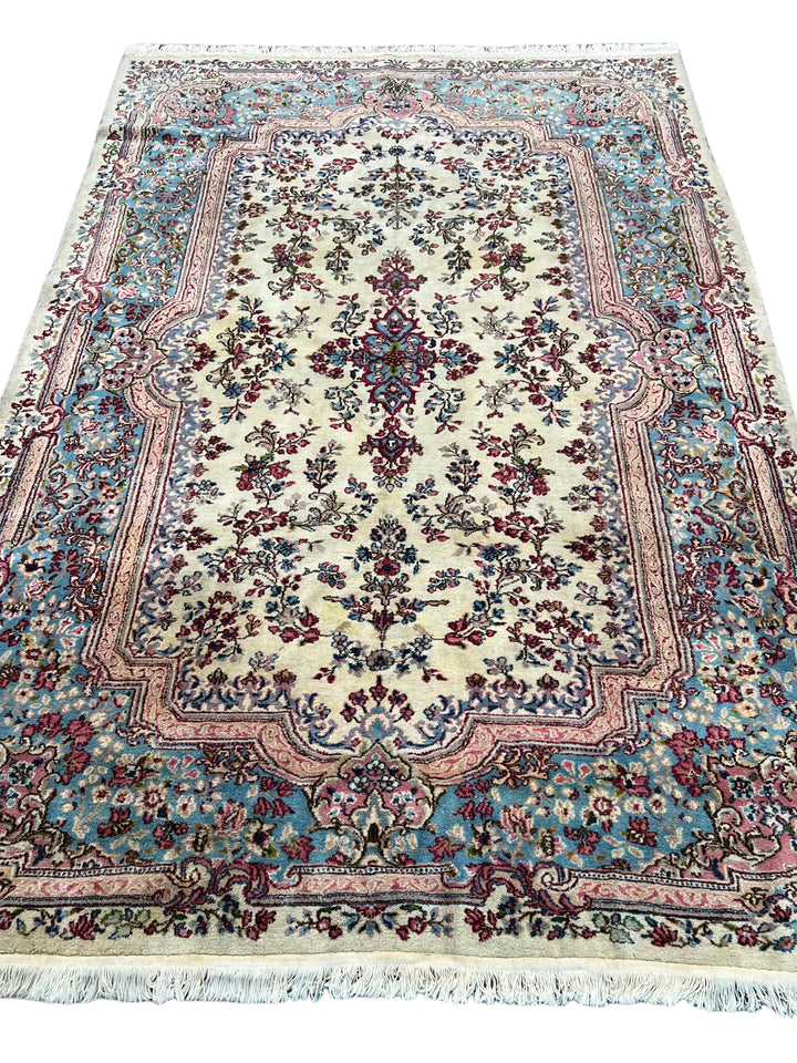 Ivory, Light Blue &amp; Dusty Pink Floral Kerman Style Rug, Circa 1960 – 5’11” x 8’11”